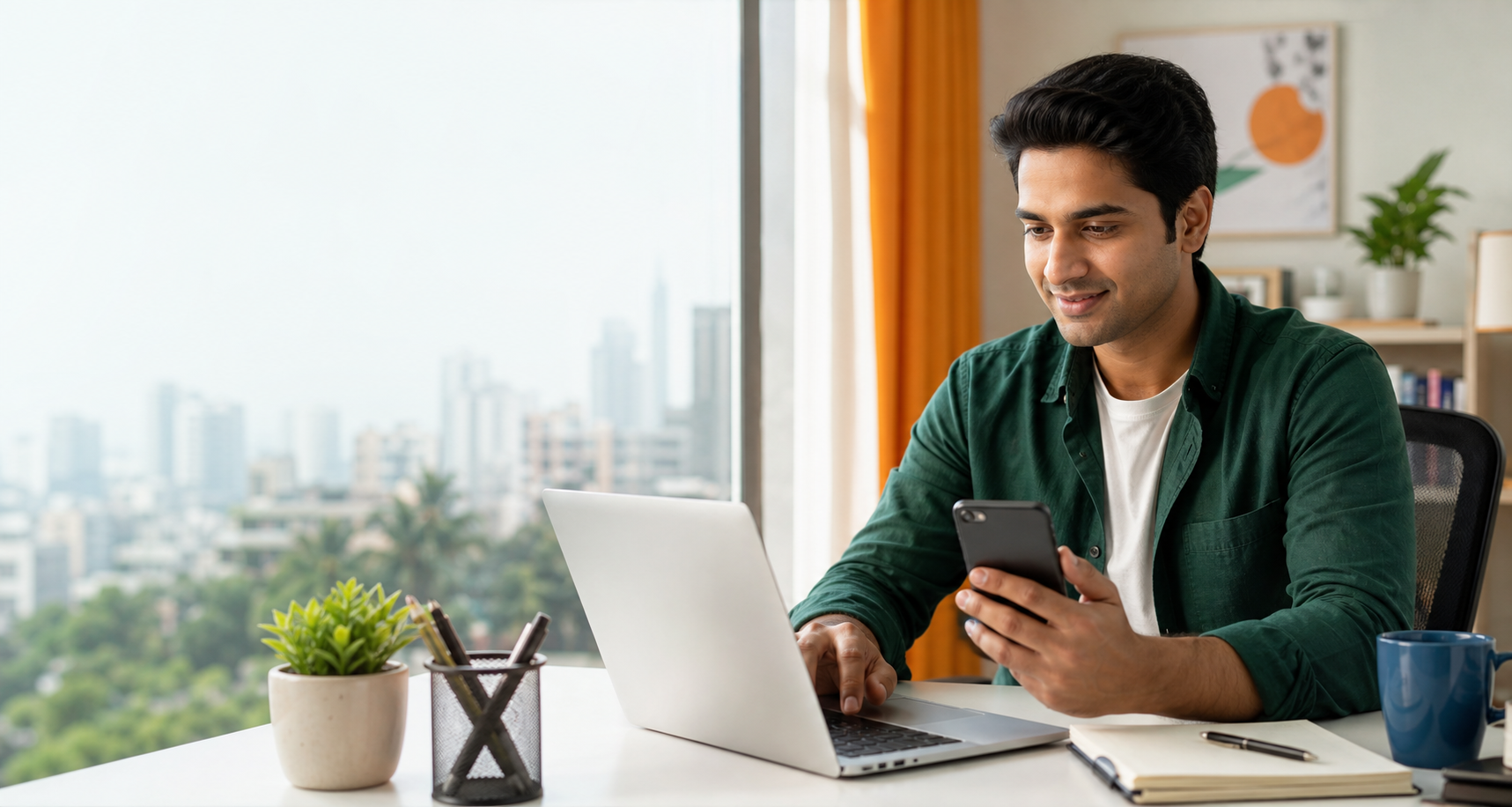Indian remote worker using laptop and phone